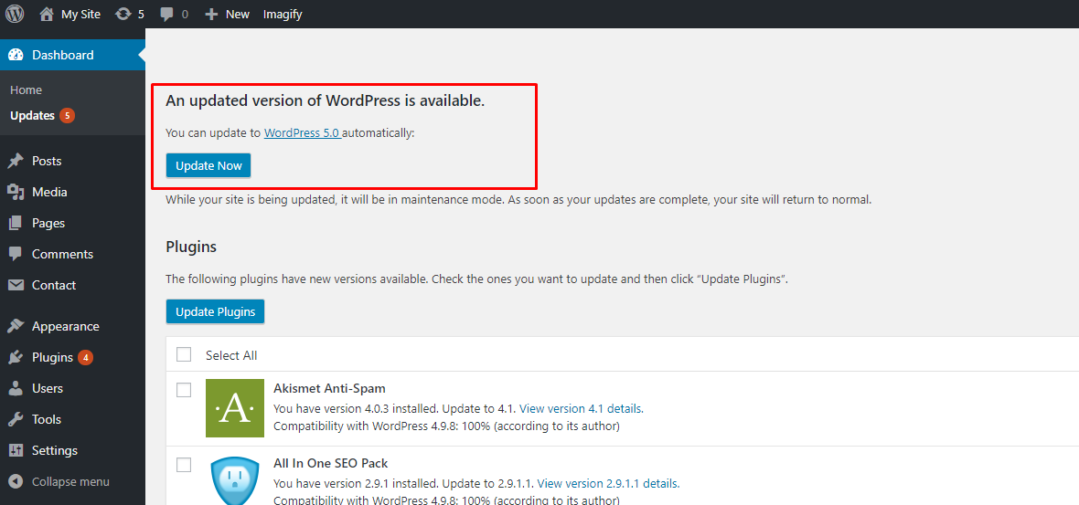 WordPress 5.0 Upgrade Notification