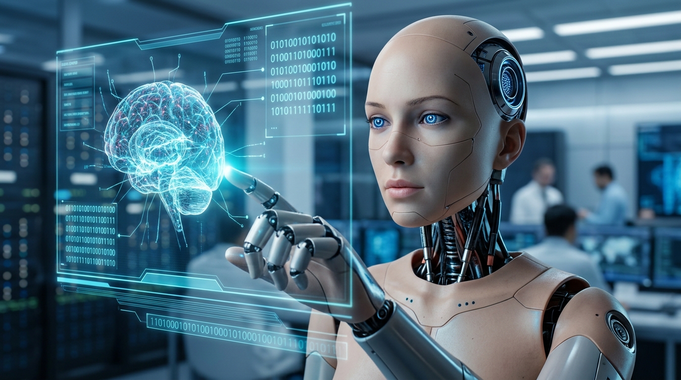 AI humanoid robot interacting with brain hologram
